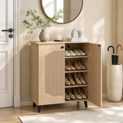 Geometric Cabinet 2‑Door PU‑like Freestanding Footwear Storage with Carved Panels for Entryway Hallway Living Room-Natural