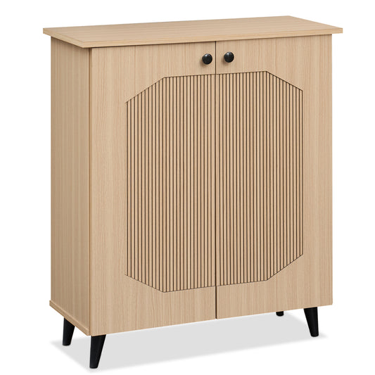 Geometric Cabinet 2‑Door PU‑like Freestanding Footwear Storage with Carved Panels for Entryway Hallway Living Room-Natural