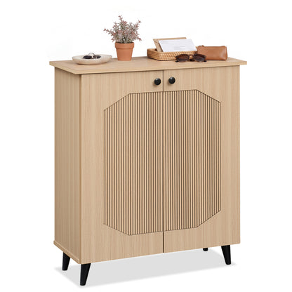 Geometric Cabinet 2‑Door PU‑like Freestanding Footwear Storage with Carved Panels for Entryway Hallway Living Room-Natural