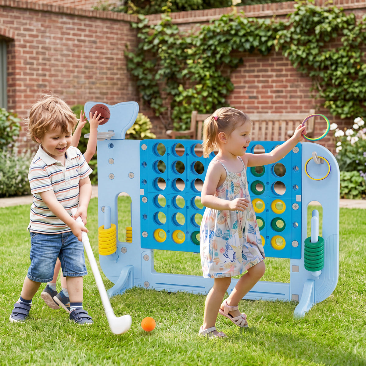 Giant 4-to-Score Game Set Jumbo 4-in-a-Row Game with Ring-toss and Portable Bag-Blue
