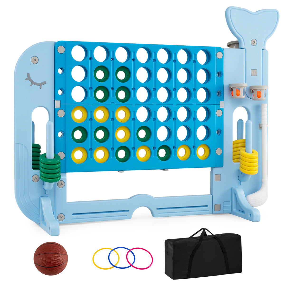 Giant 4-to-Score Game Set Jumbo 4-in-a-Row Game with Ring-toss and Portable Bag-Blue