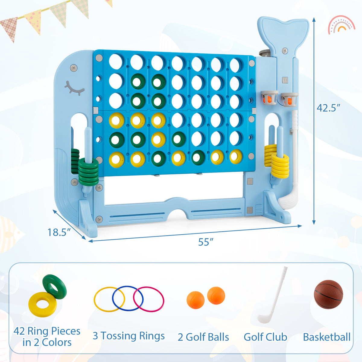 Giant 4-to-Score Game Set Jumbo 4-in-a-Row Game with Ring-toss and Portable Bag-Blue