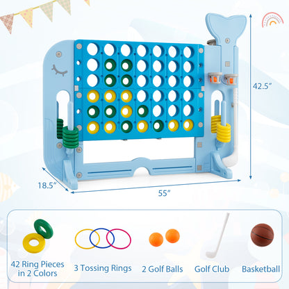 Giant 4-to-Score Game Set Jumbo 4-in-a-Row Game with Ring-toss and Portable Bag-Blue