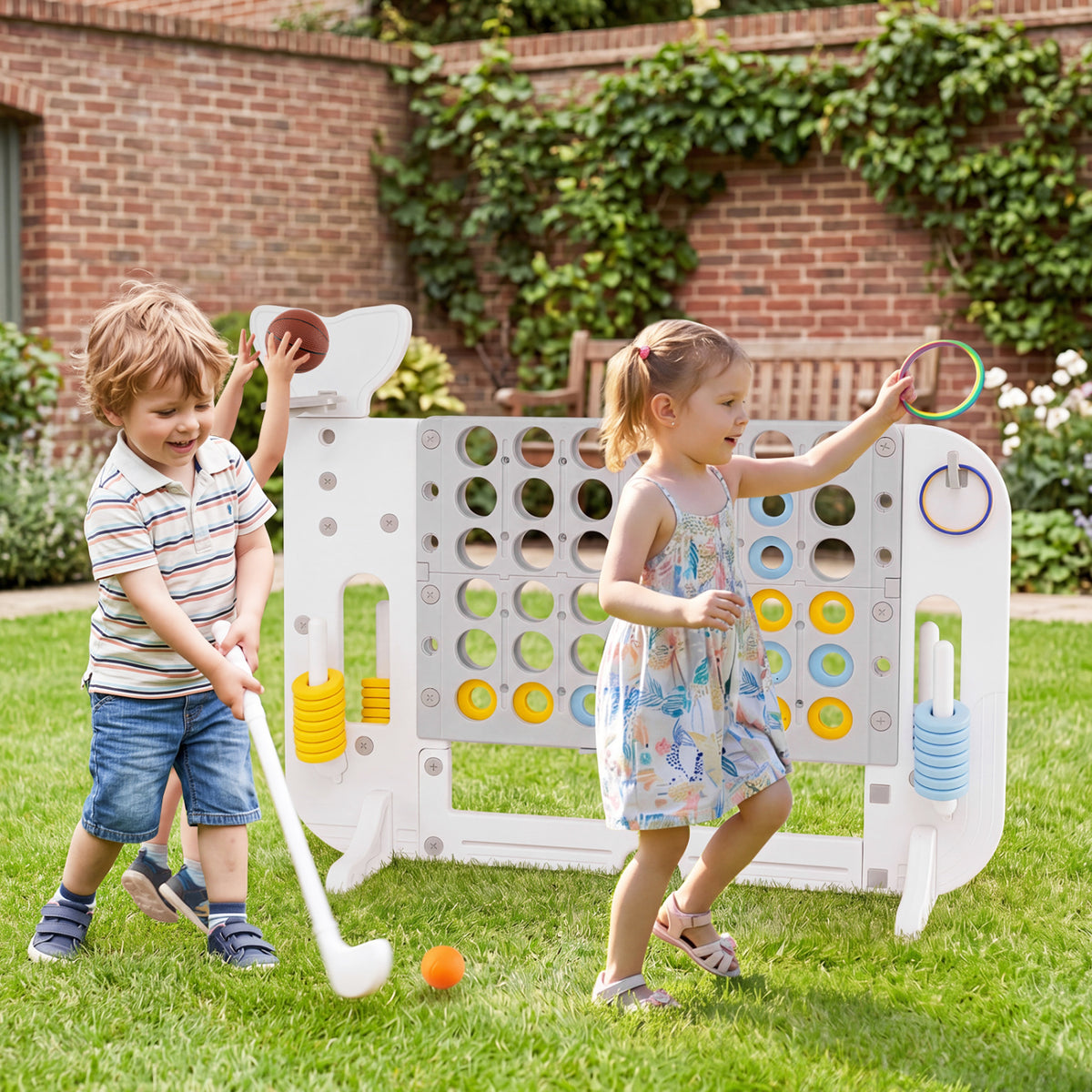 Giant 4-to-Score Game Set Jumbo 4-in-a-Row Game with Ring-toss and Portable Bag-Blue