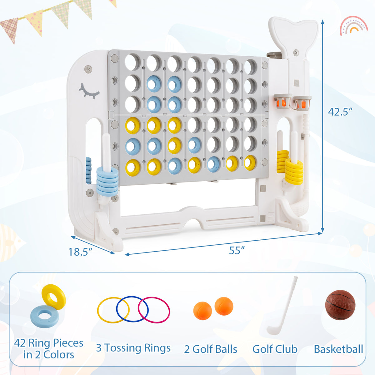 Giant 4-to-Score Game Set Jumbo 4-in-a-Row Game with Ring-toss and Portable Bag-Blue