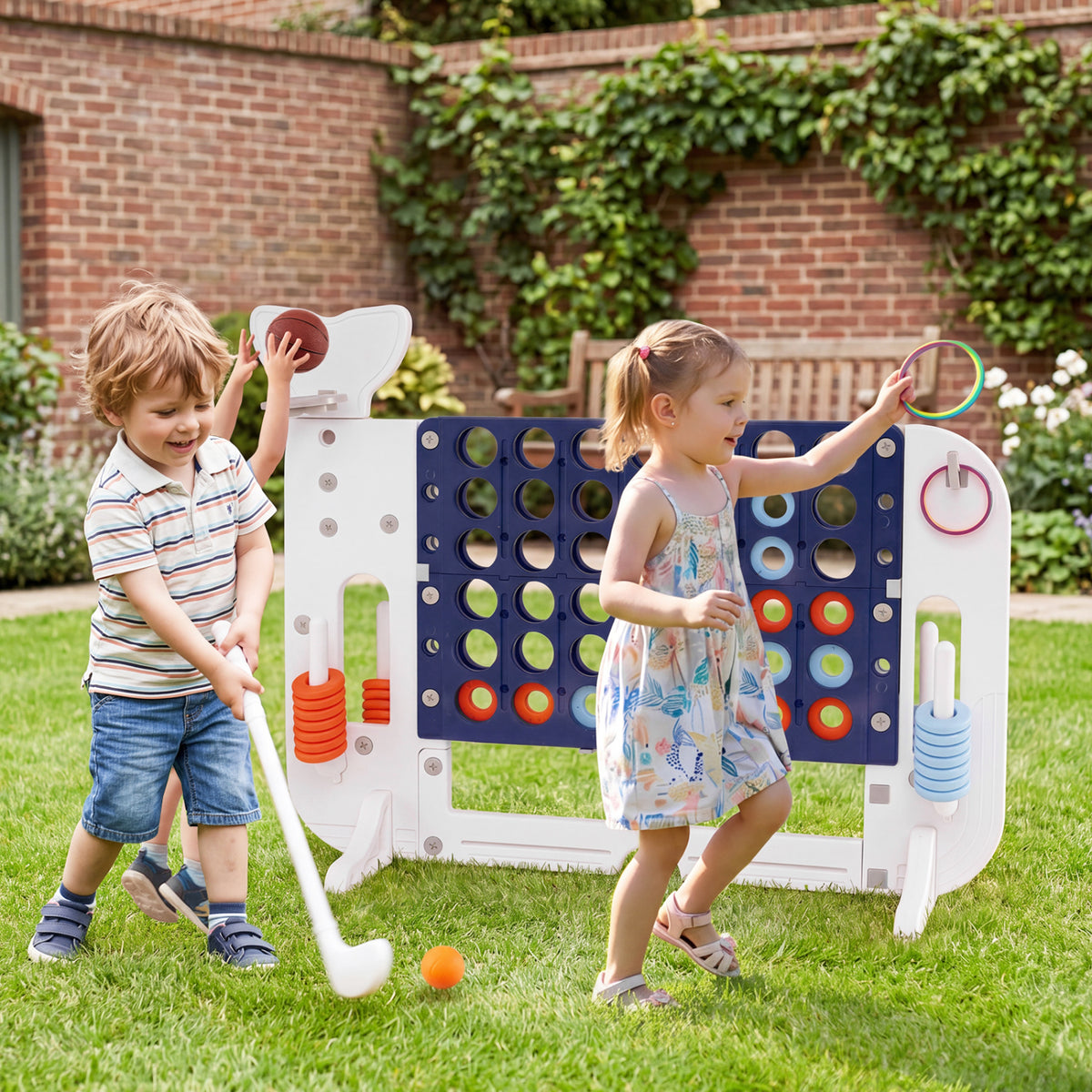 Giant 4-to-Score Game Set Jumbo 4-in-a-Row Game with Ring-toss and Portable Bag-Blue