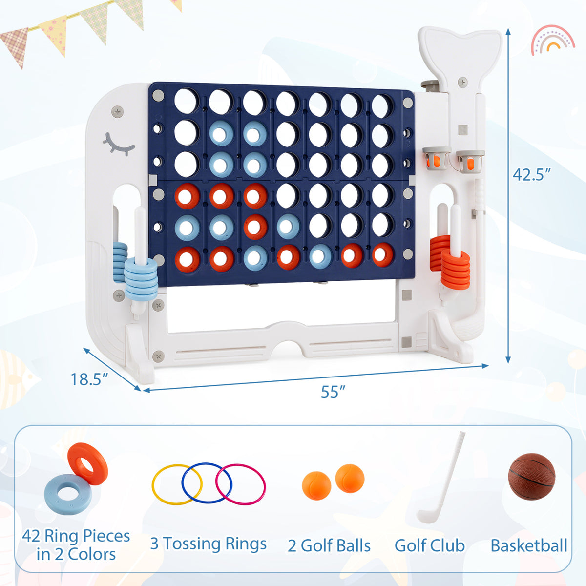 Giant 4-to-Score Game Set Jumbo 4-in-a-Row Game with Ring-toss and Portable Bag-Blue
