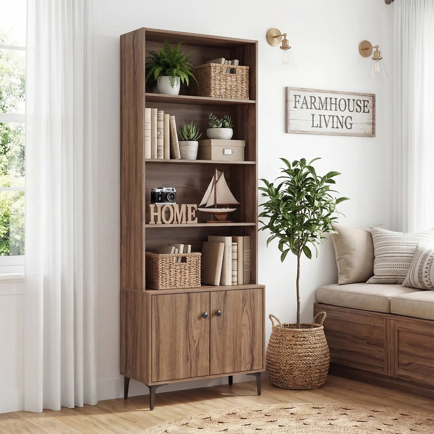 Giantex Bookshelf with Doors and 2 Anti-Tipping Kits for Home Office-Walnut