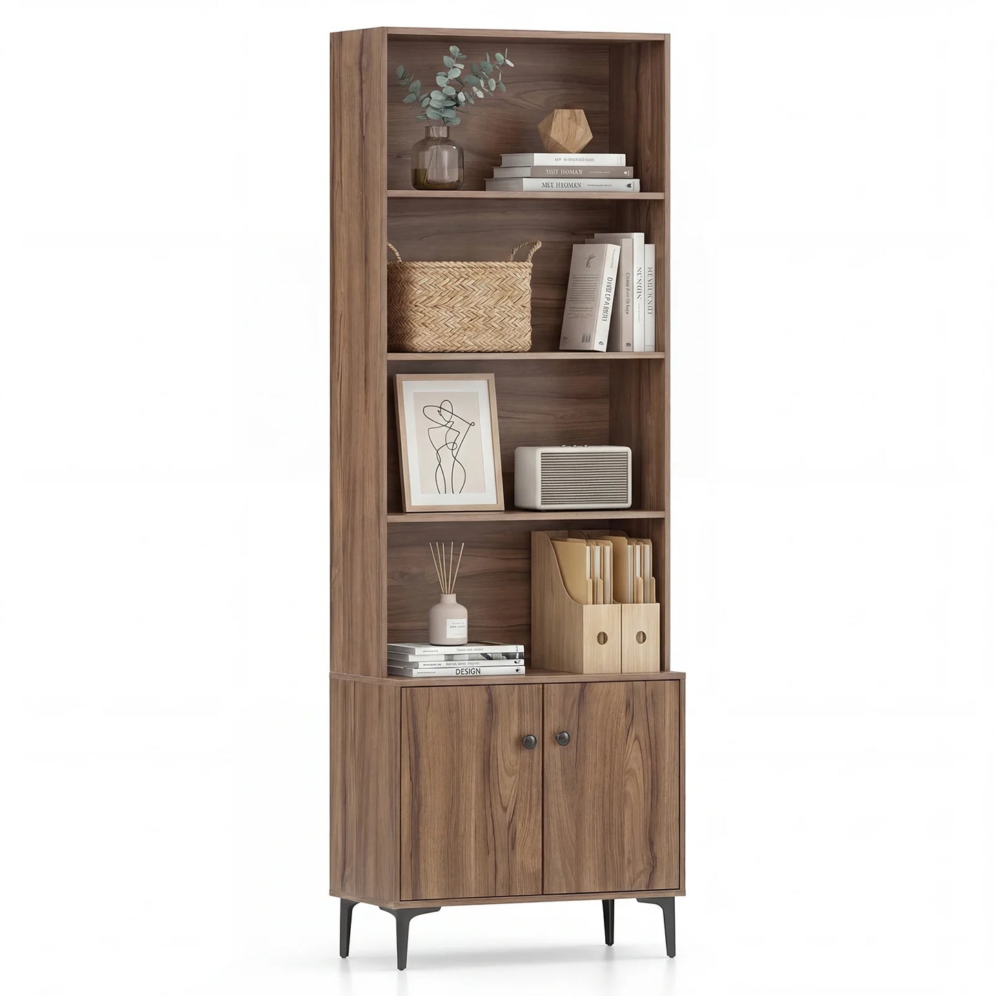 Giantex Bookshelf with Doors and 2 Anti-Tipping Kits for Home Office-Walnut