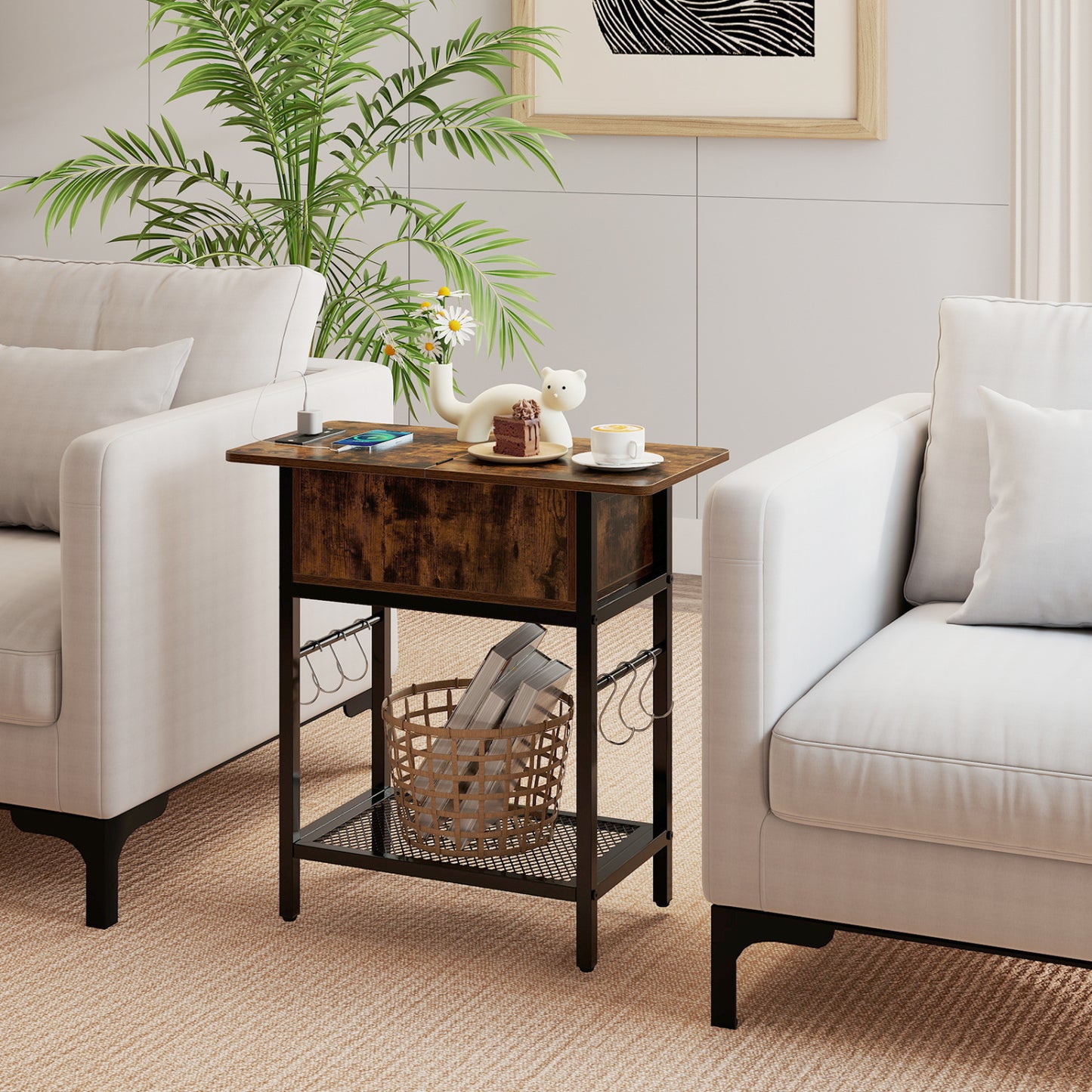 Giantex end table with charging station, USB ports, outlets, and flip top, perfect for living room storage and convenience