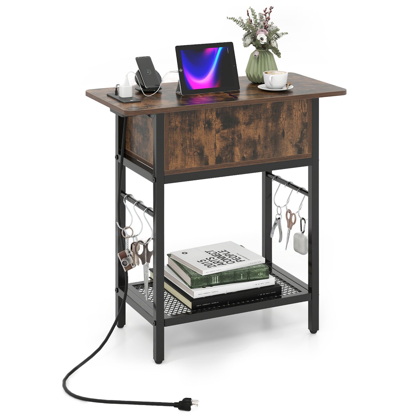 Giantex end table with built-in charging station, USB ports, outlets, and flip top, ideal for living room furniture.