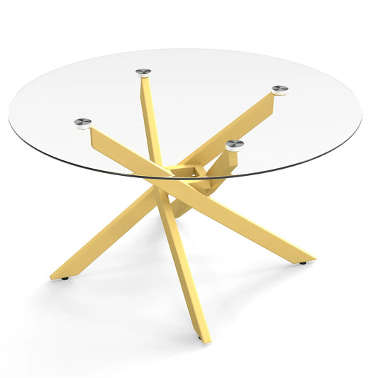Glass Coffee Table Round Clear Center Table with Tempered Glass Top-Golden