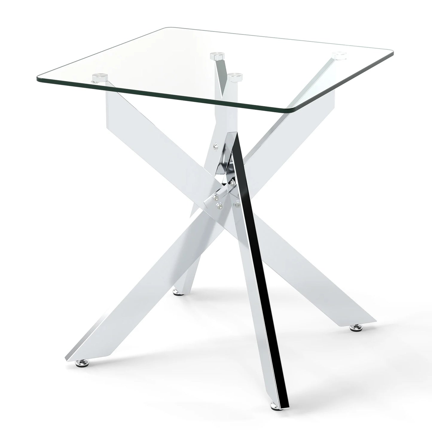Glass Side Table Square End Table with Tempered Glass Top and Metal X Base-Silver