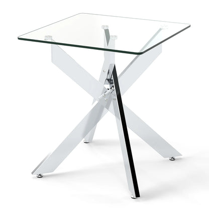 Glass Side Table Square End Table with Tempered Glass Top and Metal X Base-Silver