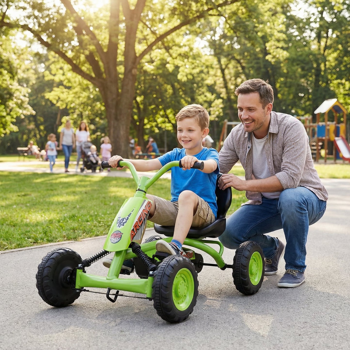 Go Kart for Kids 4 Wheel with Steering Handlebars and Adjustable Seat-Green