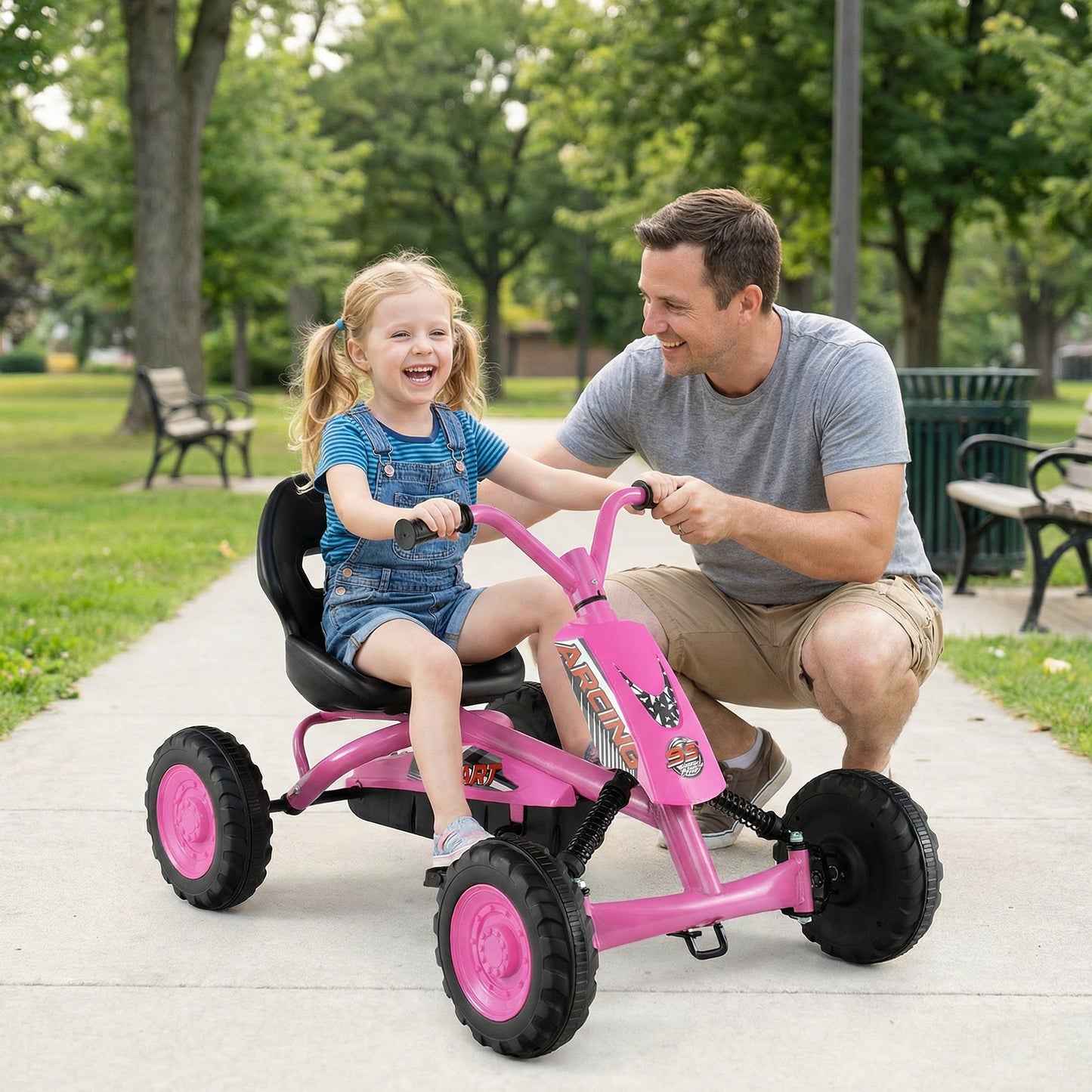 Go Kart for Kids 4 Wheel with Steering Handlebars and Adjustable Seat-Green