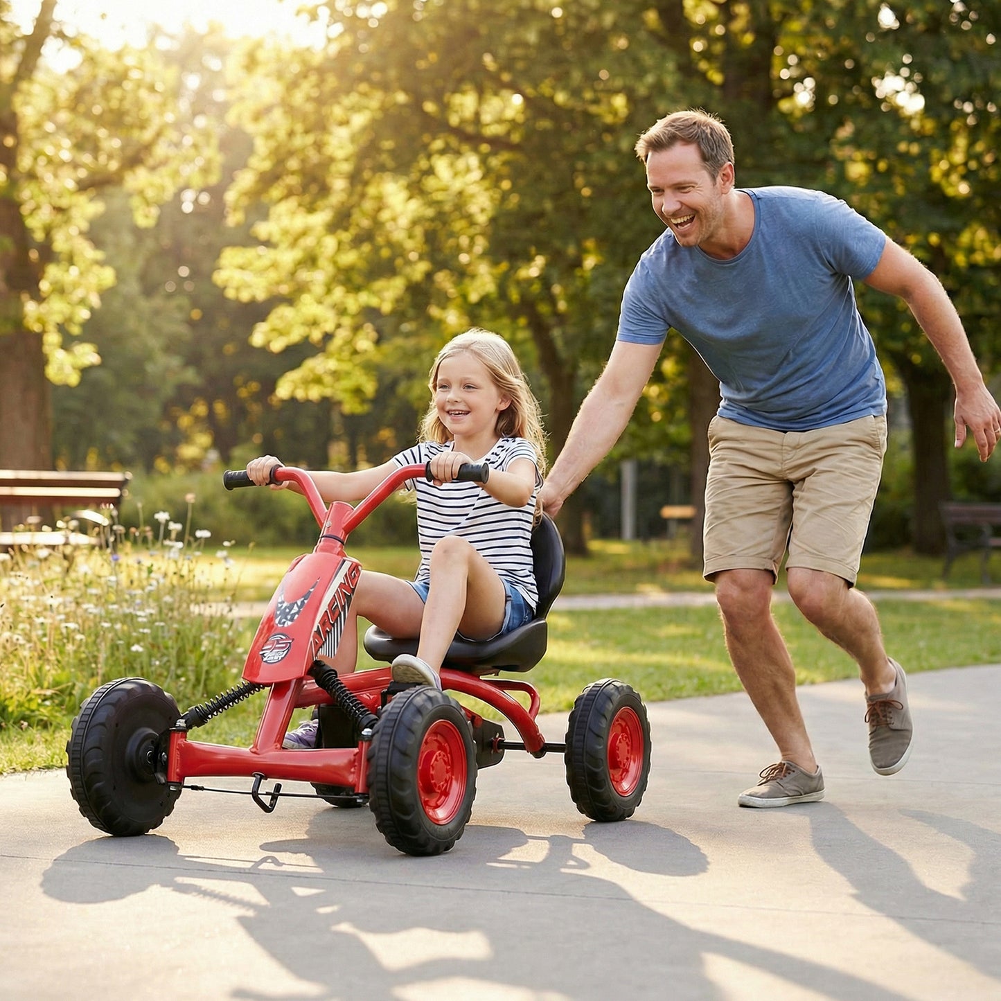 Go Kart for Kids 4 Wheel with Steering Handlebars and Adjustable Seat-Green