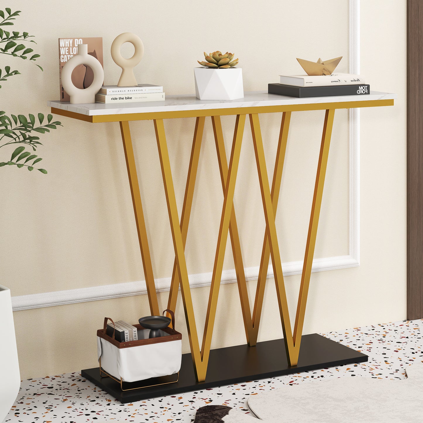 Gold Entryway Table 40 Inch Modern Console Table with Faux Marble Table and Metal Frame-White