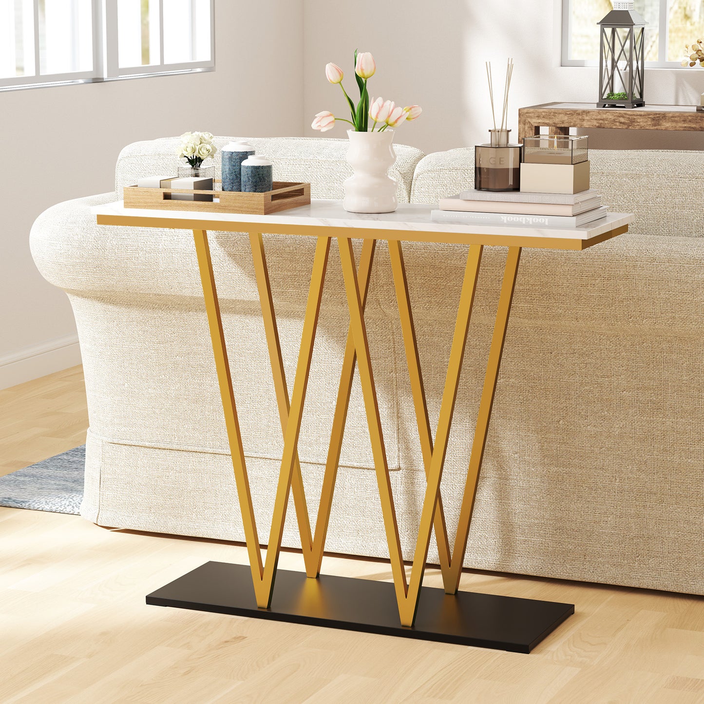 Gold Entryway Table 40 Inch Modern Console Table with Faux Marble Table and Metal Frame-White
