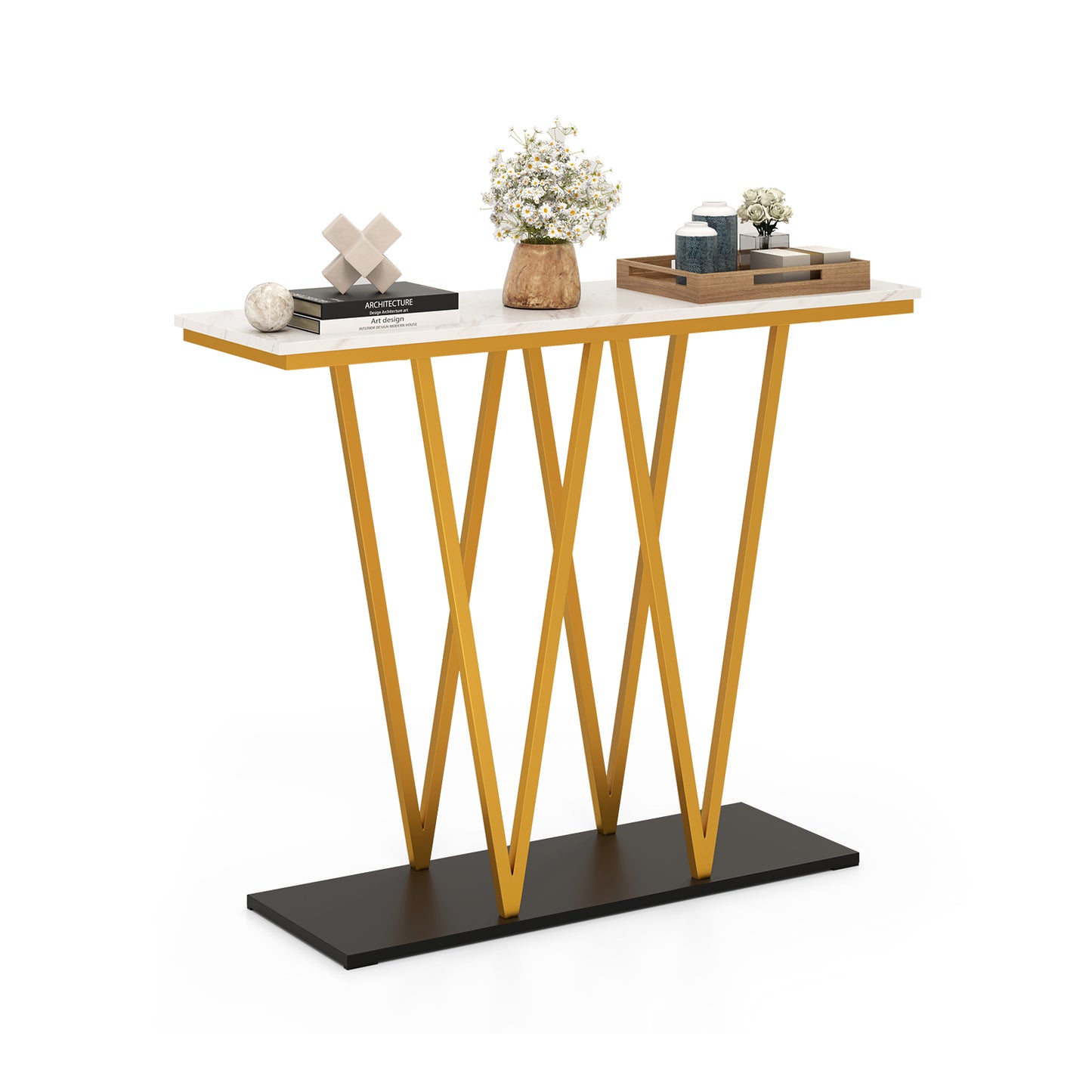 Gold Entryway Table 40 Inch Modern Console Table with Faux Marble Table and Metal Frame-White