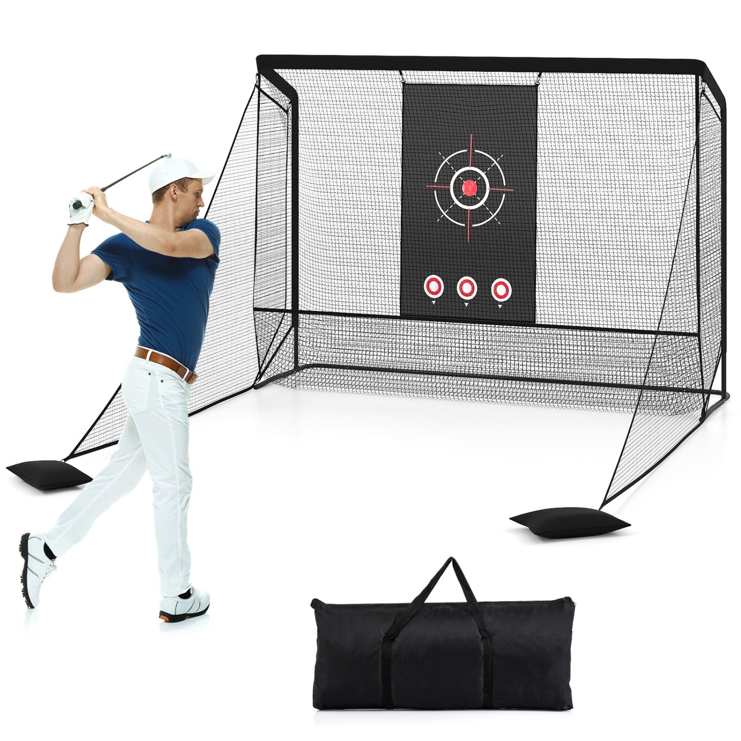 Wilson golf practice hitting net with metal frame, dual side barriers, and target cloth for golf training and swing practice.