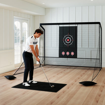 Wilson golf practice hitting net with metal frame, dual side barriers, and target cloth for outdoor golf training.