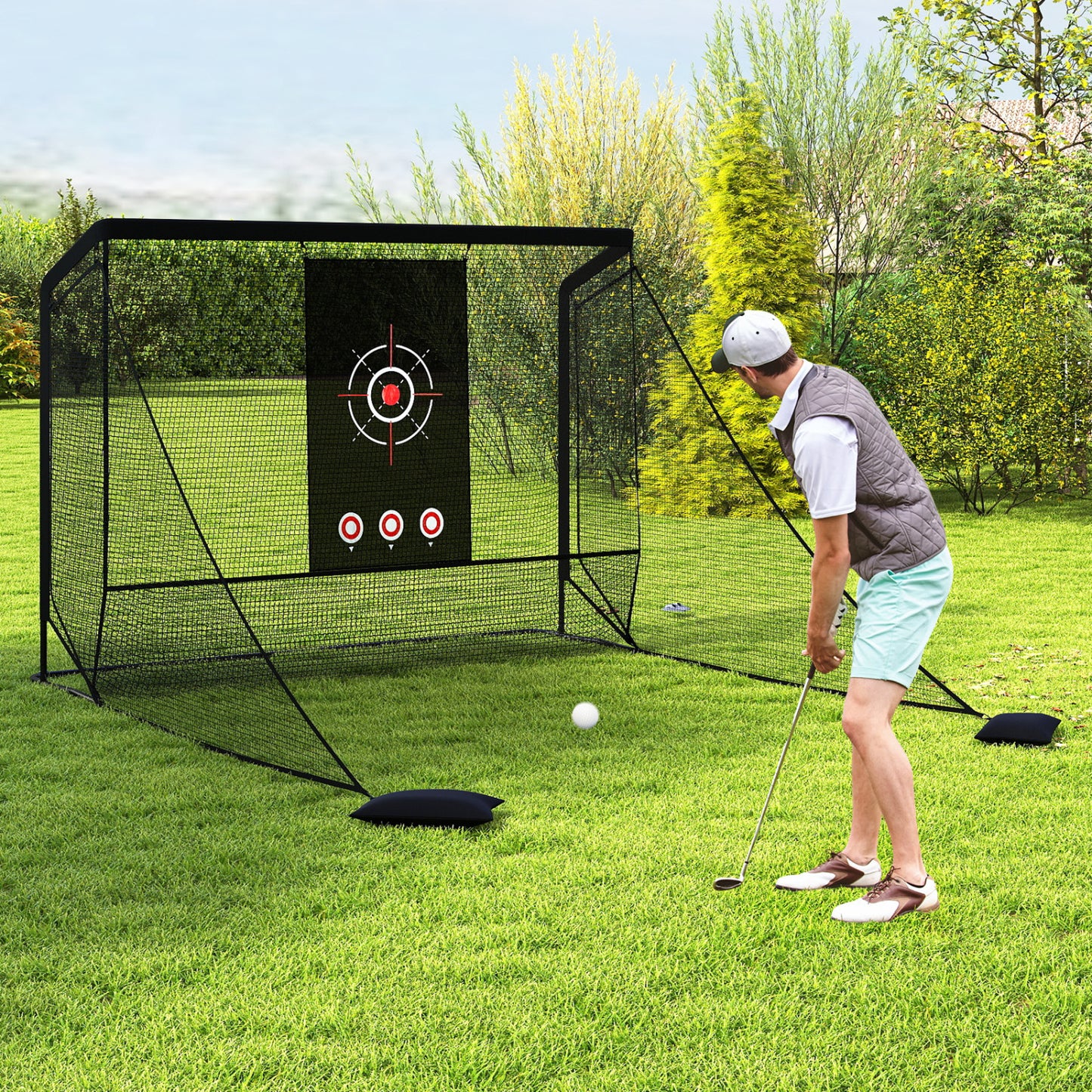 Wilson golf practice hitting net with dual side barriers, metal frame, and target cloth for golf training and practice.