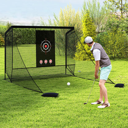 Wilson golf practice hitting net with dual side barriers, metal frame, and target cloth for golf training and practice.