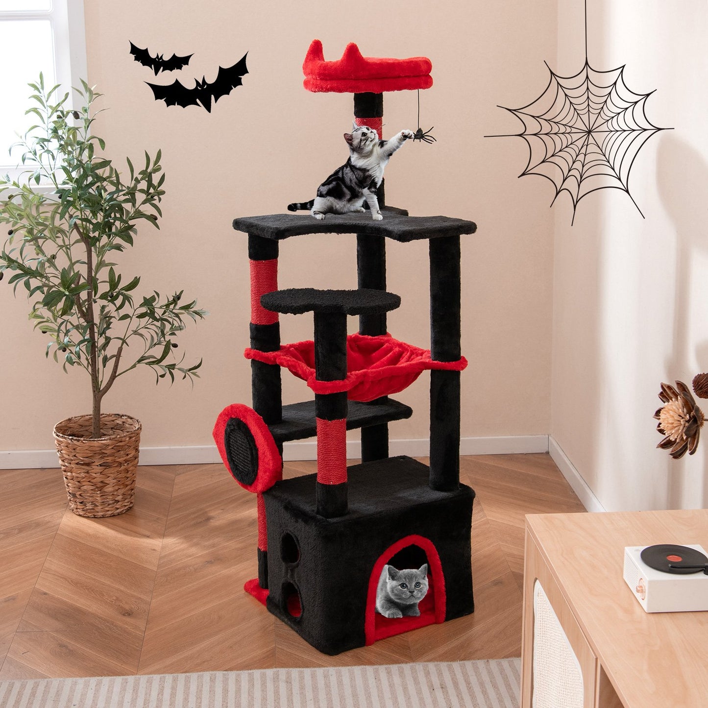 Gothic Cat Tree with Plush Perch and Spider Dangling Toy-Black & Red