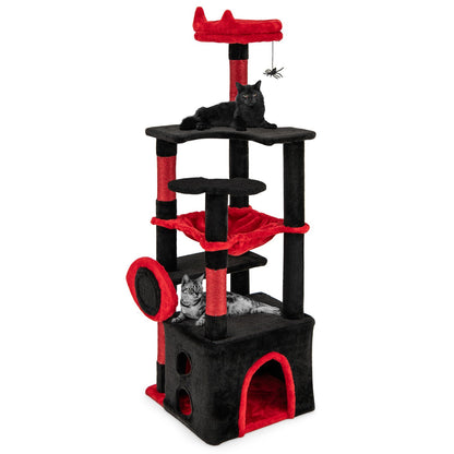 Gothic Cat Tree with Plush Perch and Spider Dangling Toy-Black & Red