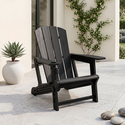 Black HDPE Adirondack chair with realistic wood grain texture for outdoor patio or backyard seating.