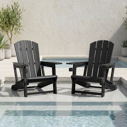 Black HDPE Adirondack chair with realistic wood grain texture, outdoor patio furniture for backyard lawn seating.