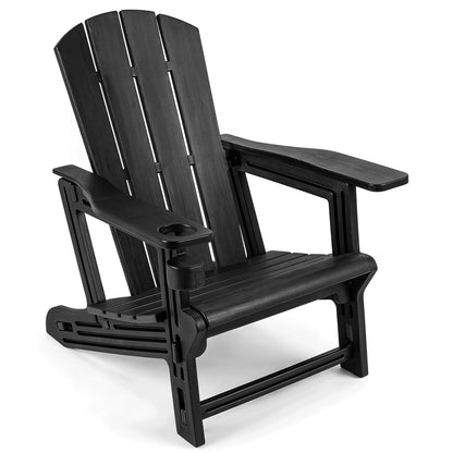 Black HDPE Adirondack chair with realistic wood grain texture, outdoor patio seating for backyard lawn, durable outdoor furniture.