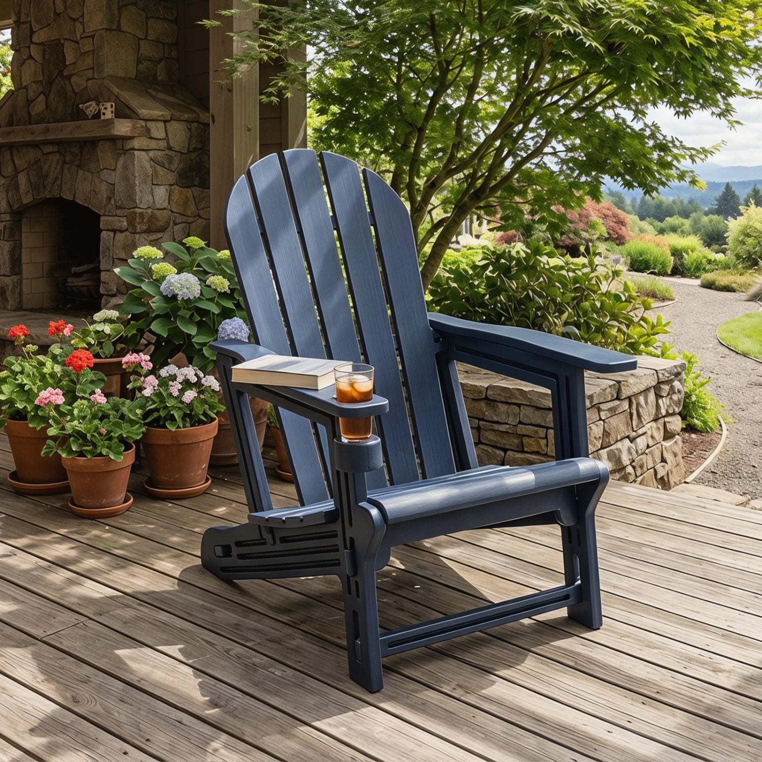 Black HDPE Adirondack chair with cup holder, wooden texture, outdoor patio seating, designed for comfort and durability.