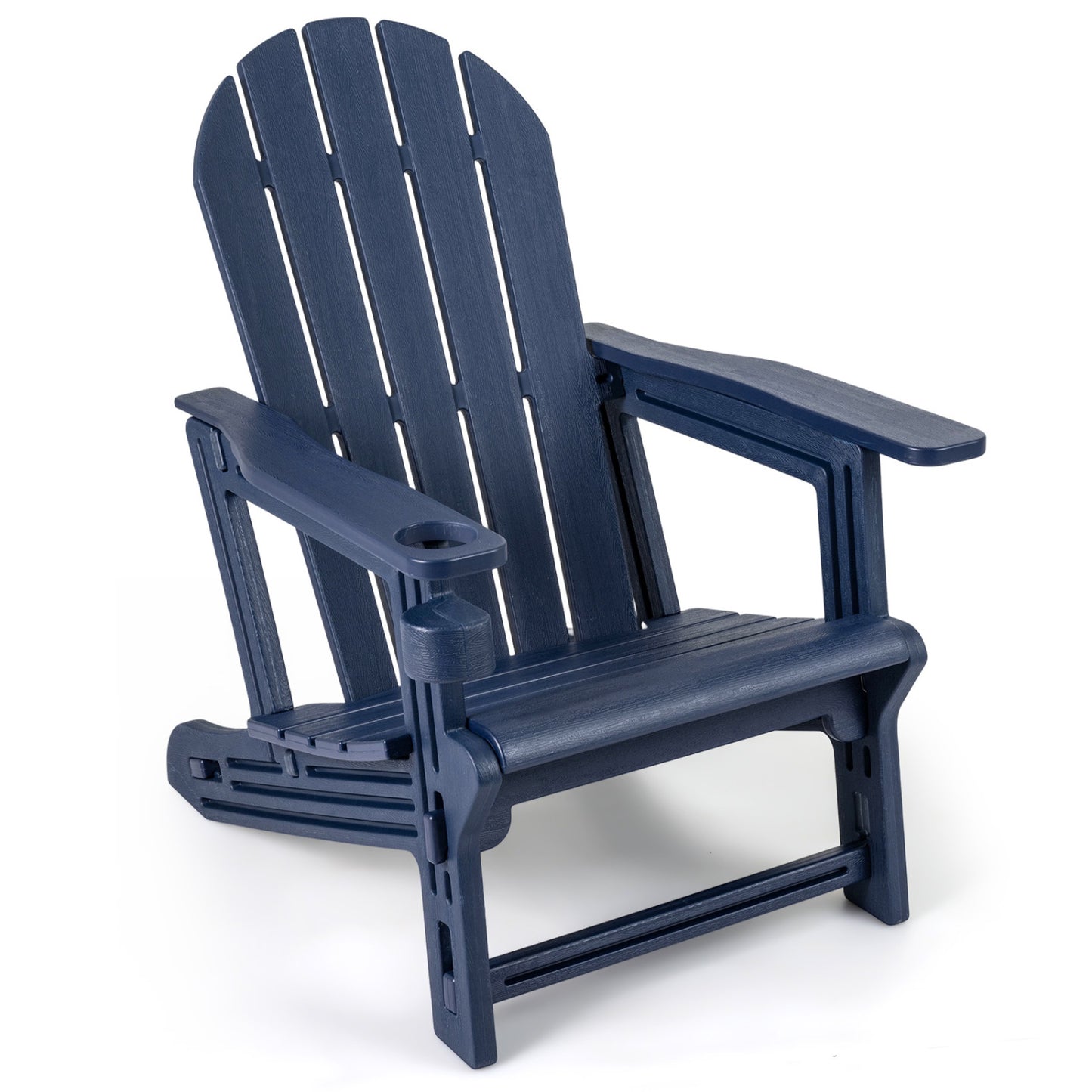 Black HDPE Adirondack chair with wooden texture, featuring a built-in cup holder, outdoor patio seating from Wilsons Home Store.