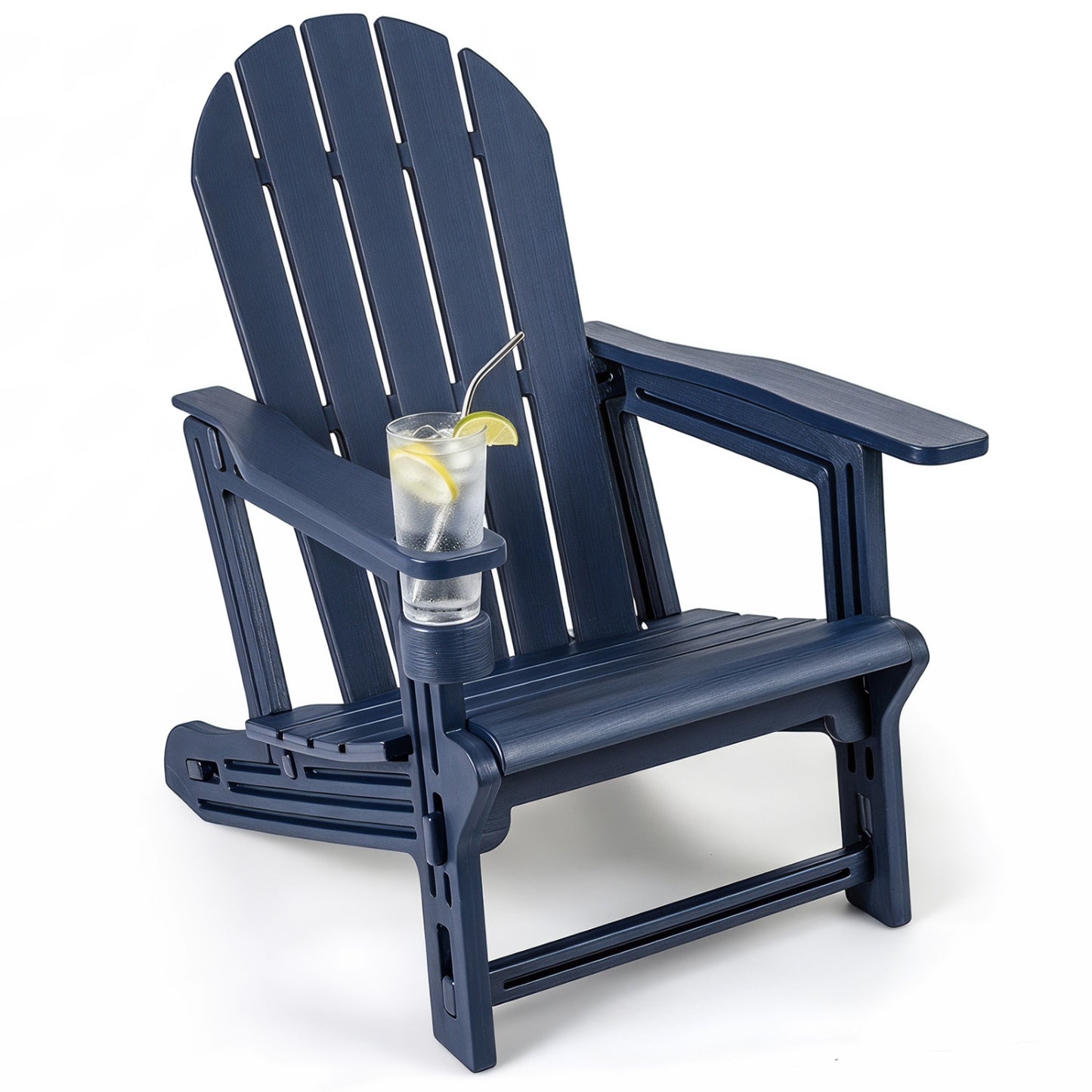 Black HDPE Adirondack chair with cup holder and wooden texture for outdoor patio seating, made by Direct by Wilsons Home Store.