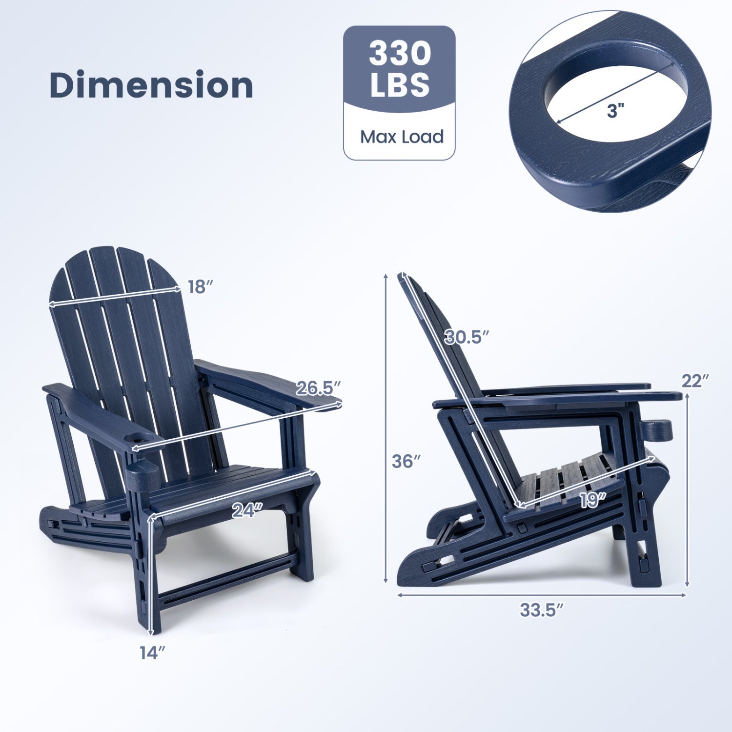 Black HDPE Adirondack chair with cup holder and wooden texture for outdoor patio seating, by Wilsons Home Store