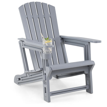 Blue HDPE Adirondack chair with wood-like texture, high back, cup holder, outdoor patio seating for garden use.