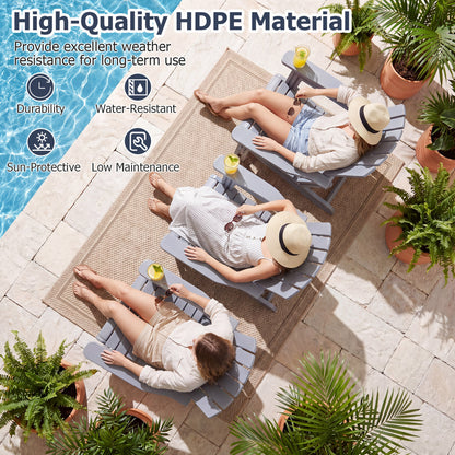 Blue HDPE Adirondack chair with cup holder and wood-like texture, high back for outdoor patio seating.
