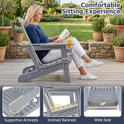 Blue HDPE Adirondack chair with wood-like texture, high back and cup holder, ideal for garden outdoor seating.