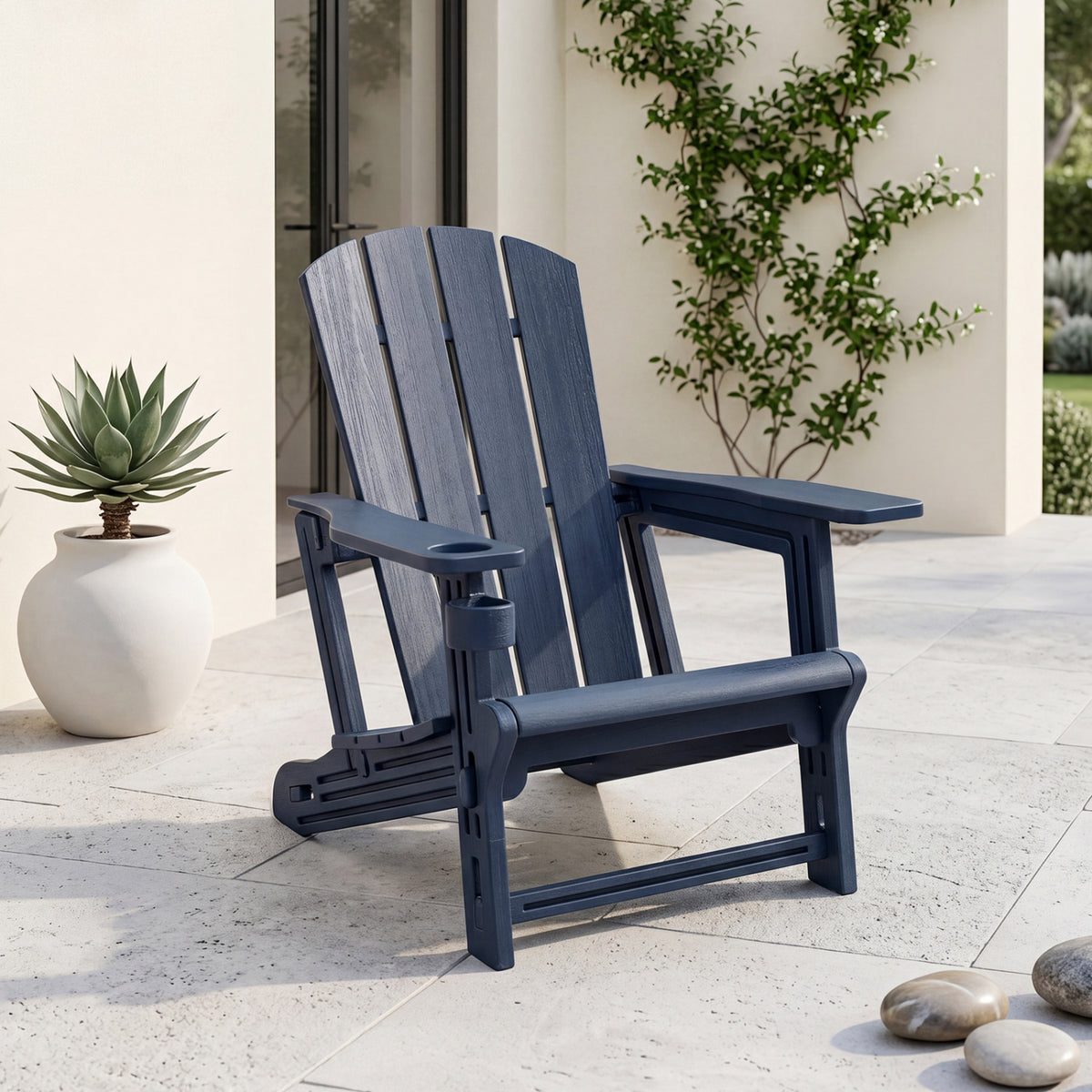 Black HDPE Adirondack chair with realistic wood grain texture, ideal for outdoor patio or backyard seating.