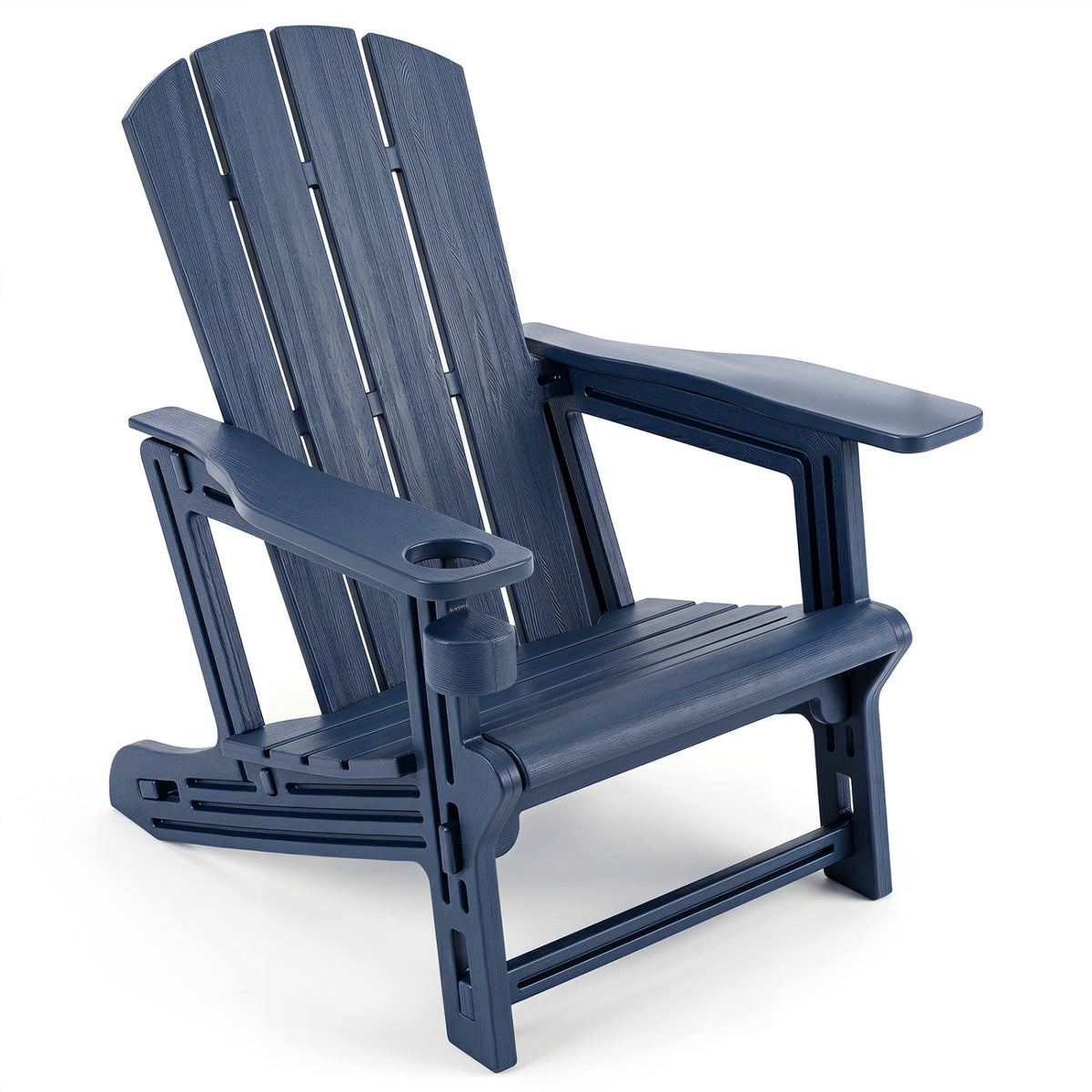 Black HDPE Adirondack chair with realistic wood grain texture for outdoor patio or backyard seating.