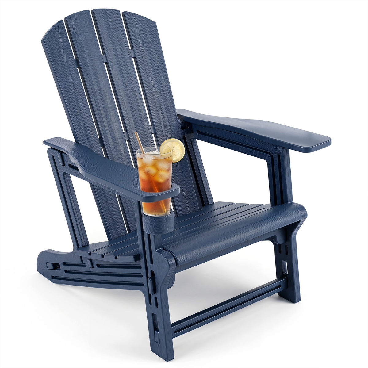 Black HDPE Adirondack chair with realistic wood grain finish for outdoor patio and backyard seating.