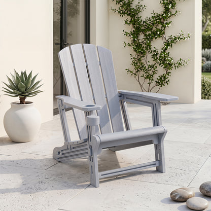 Black HDPE Adirondack chair with realistic wood grain texture, outdoor patio seating for backyard lawn, durable outdoor furniture.