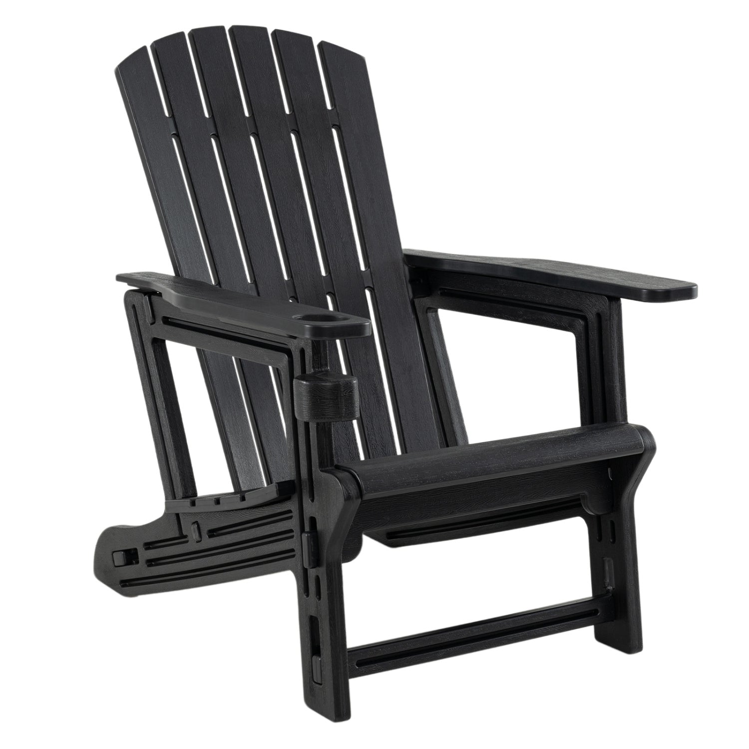Black HDPE Adirondack chair with cup holder, wooden textured outdoor patio seating, designed for comfort and durability.