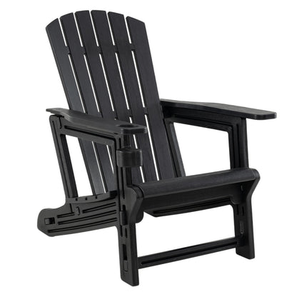 Black HDPE Adirondack chair with cup holder, wooden textured outdoor patio seating, designed for comfort and durability.