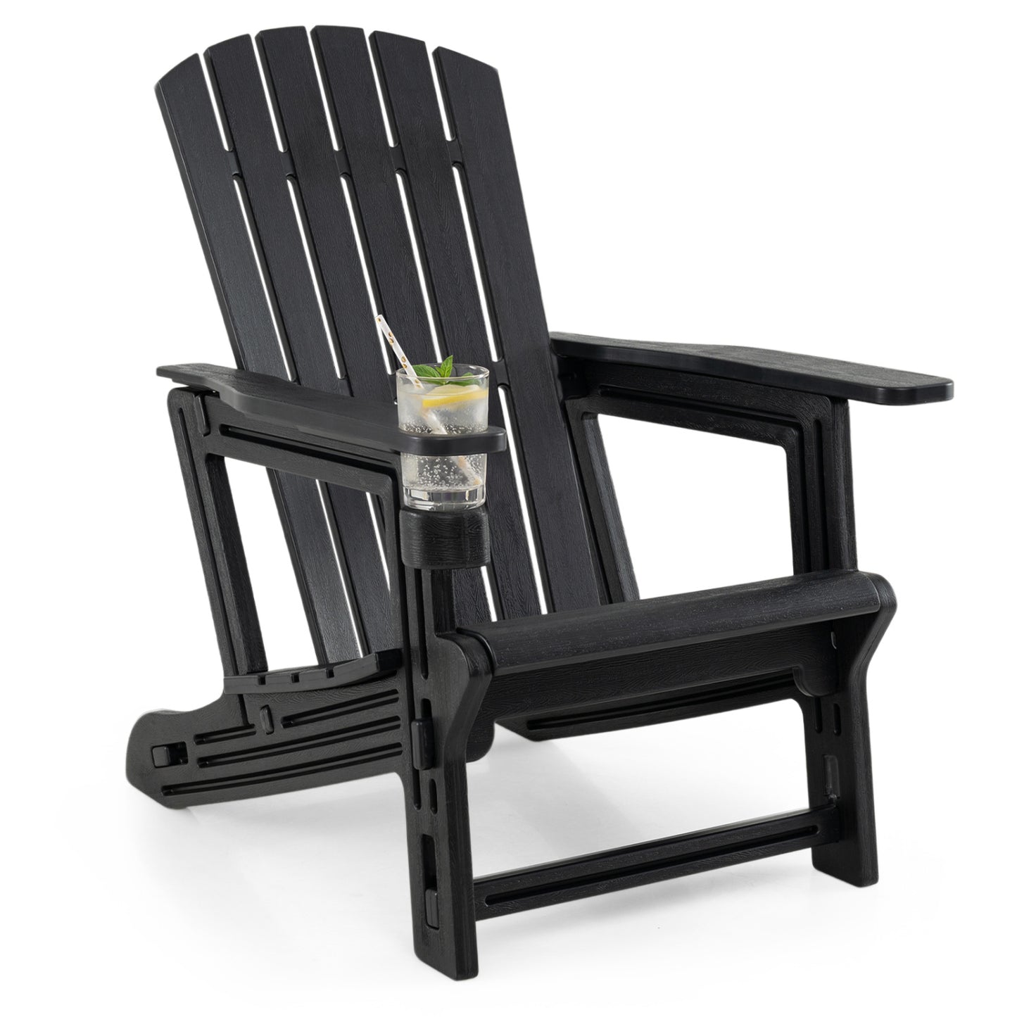 Black HDPE Adirondack chair with cup holder and wooden texture for outdoor patio seating, designed for comfort and durability.