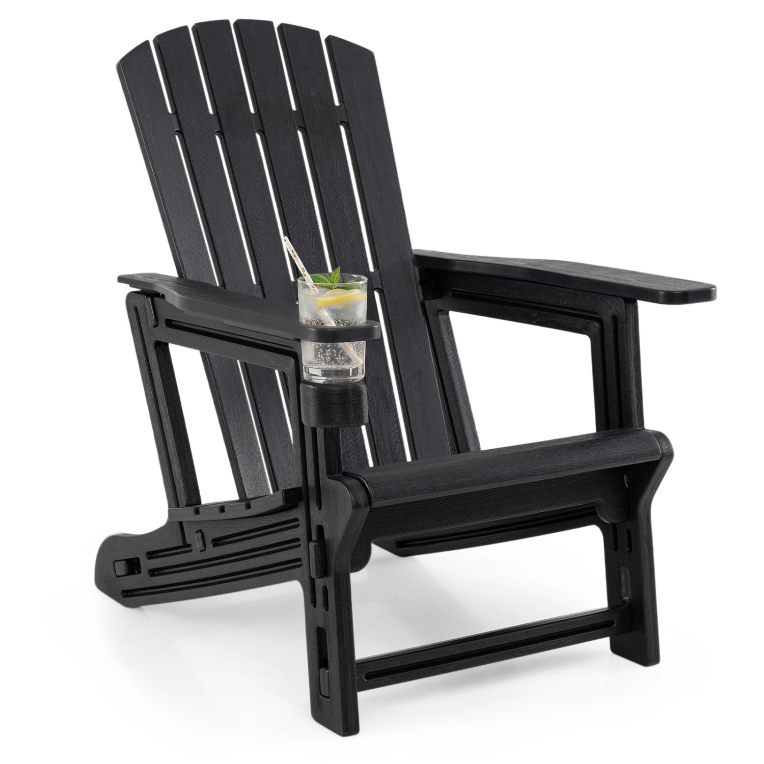 Black HDPE Adirondack chair with cup holder and wooden texture for outdoor patio seating, designed for comfort and durability.
