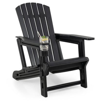 Black HDPE Adirondack chair with cup holder and wooden texture for outdoor patio seating, designed for comfort and durability.