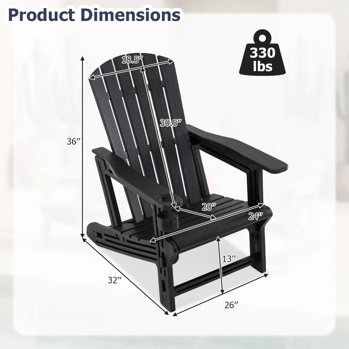 Black HDPE Adirondack chair with cup holder and wooden texture, outdoor patio seating by Wilsons Home Store